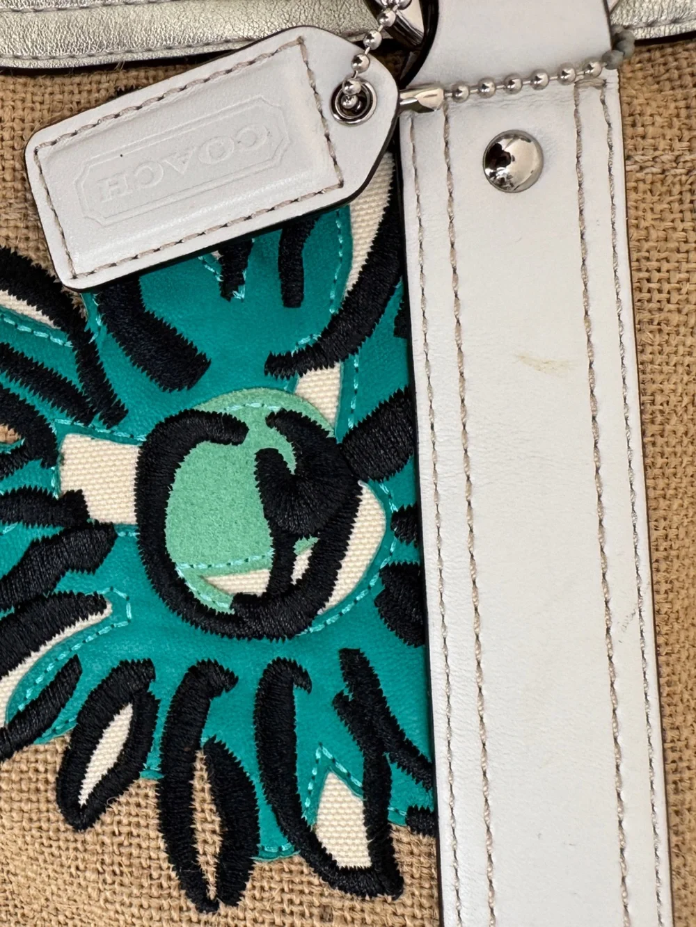 Coach Limited Edition Bumble Bee Floral Tote with White Trim and Green Interior